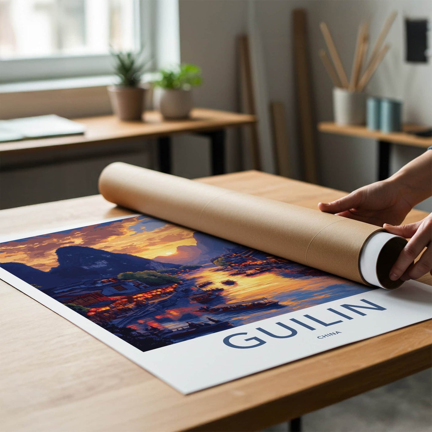 Guilin Poster - China Travel Art - River Mountain Sunset Home Decor
