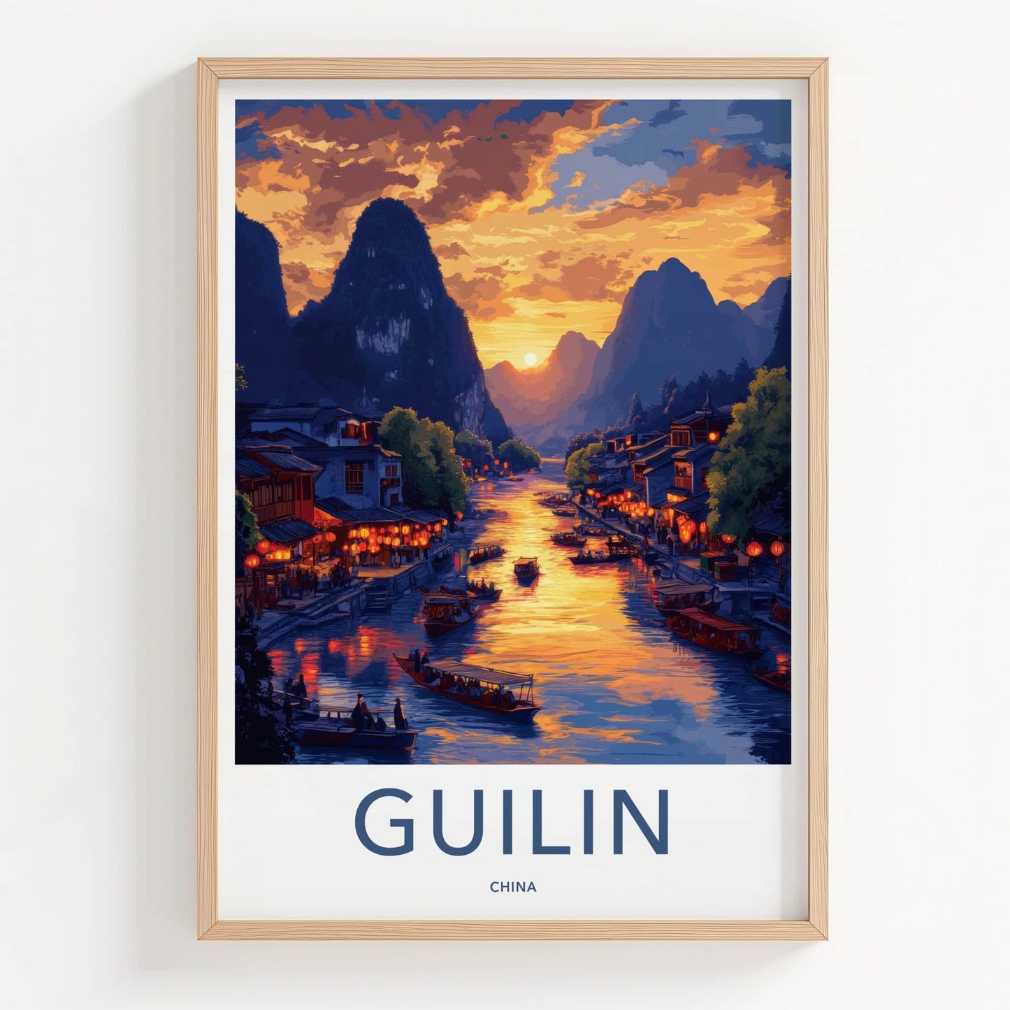 Guilin Poster - China Travel Art - River Mountain Sunset Home Decor