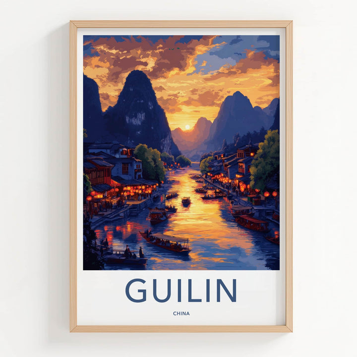 Guilin Poster - China Travel Art - River Mountain Sunset Home Decor
