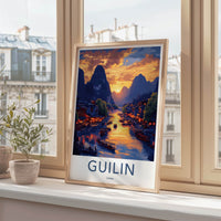 Guilin Poster - China Travel Art - River Mountain Sunset Home Decor