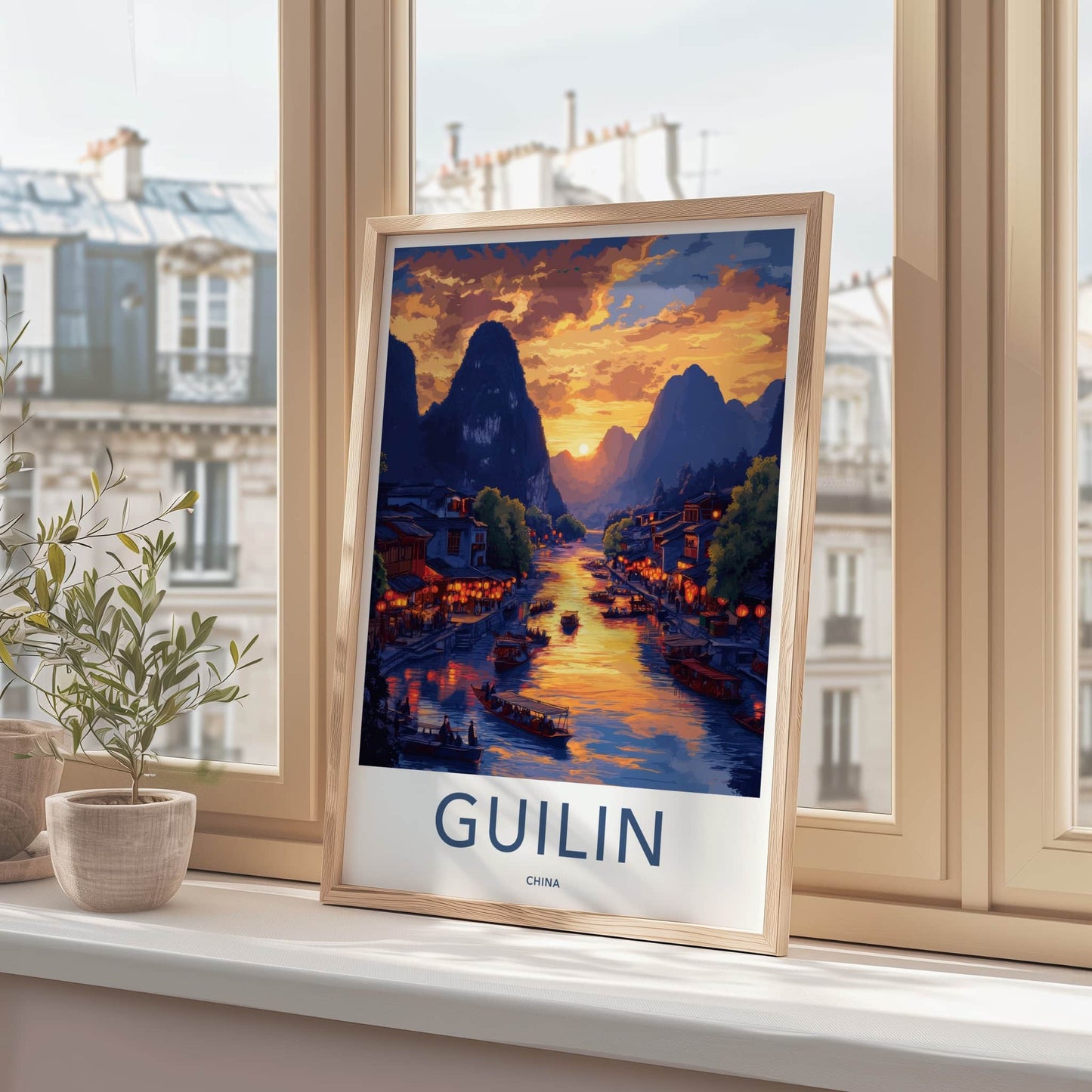 Guilin Poster - China Travel Art - River Mountain Sunset Home Decor