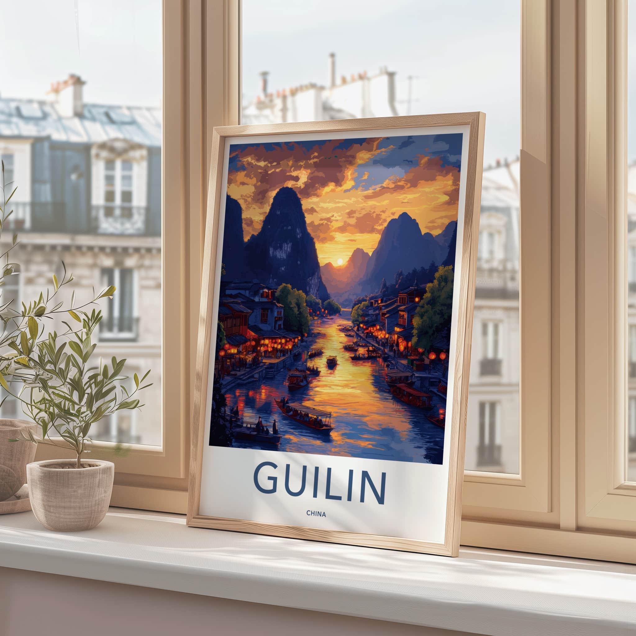 Guilin Poster - China Travel Art - River Mountain Sunset Home Decor