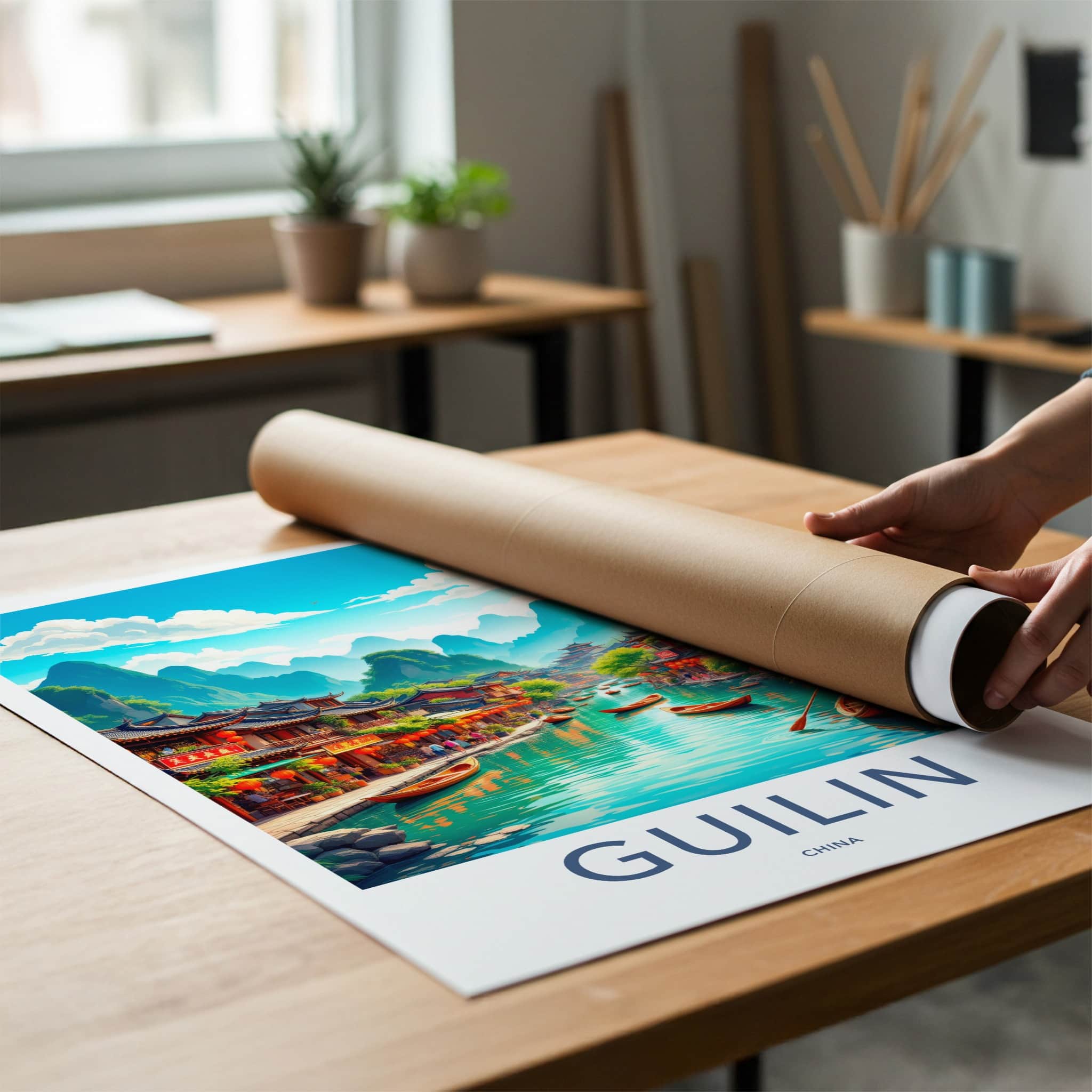 Guilin Poster - China Travel Art - Traditional River Boats Wall Decor