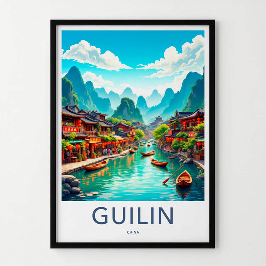 Guilin Poster - China Travel Art - Traditional River Boats Wall Decor