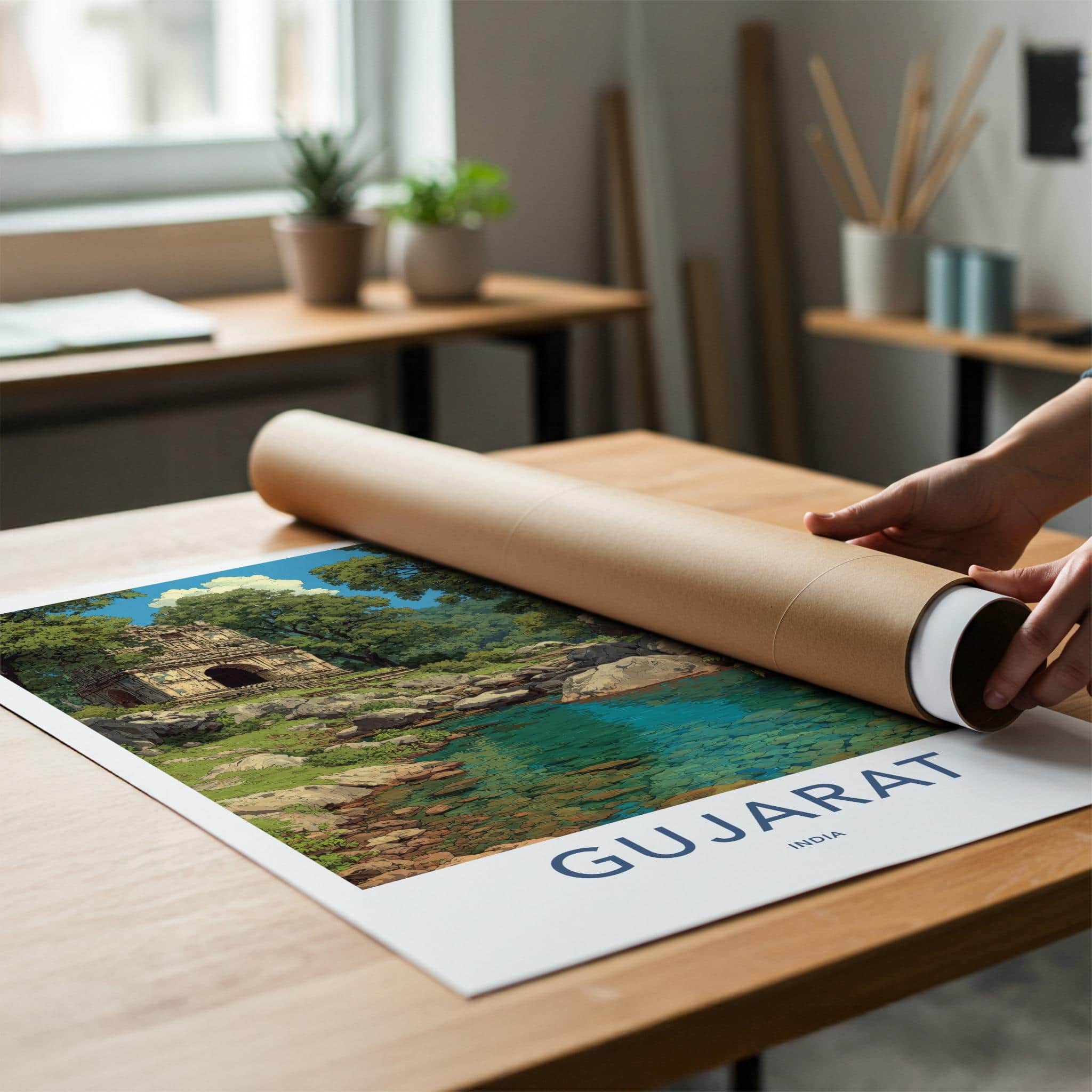 Gujarat Poster - India Travel Art - Gujarat Ancient Stone Ruins Home Decor