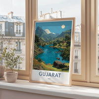 Gujarat Poster - India Travel Art - Gujarat Mountain Lake Boat Home Decor