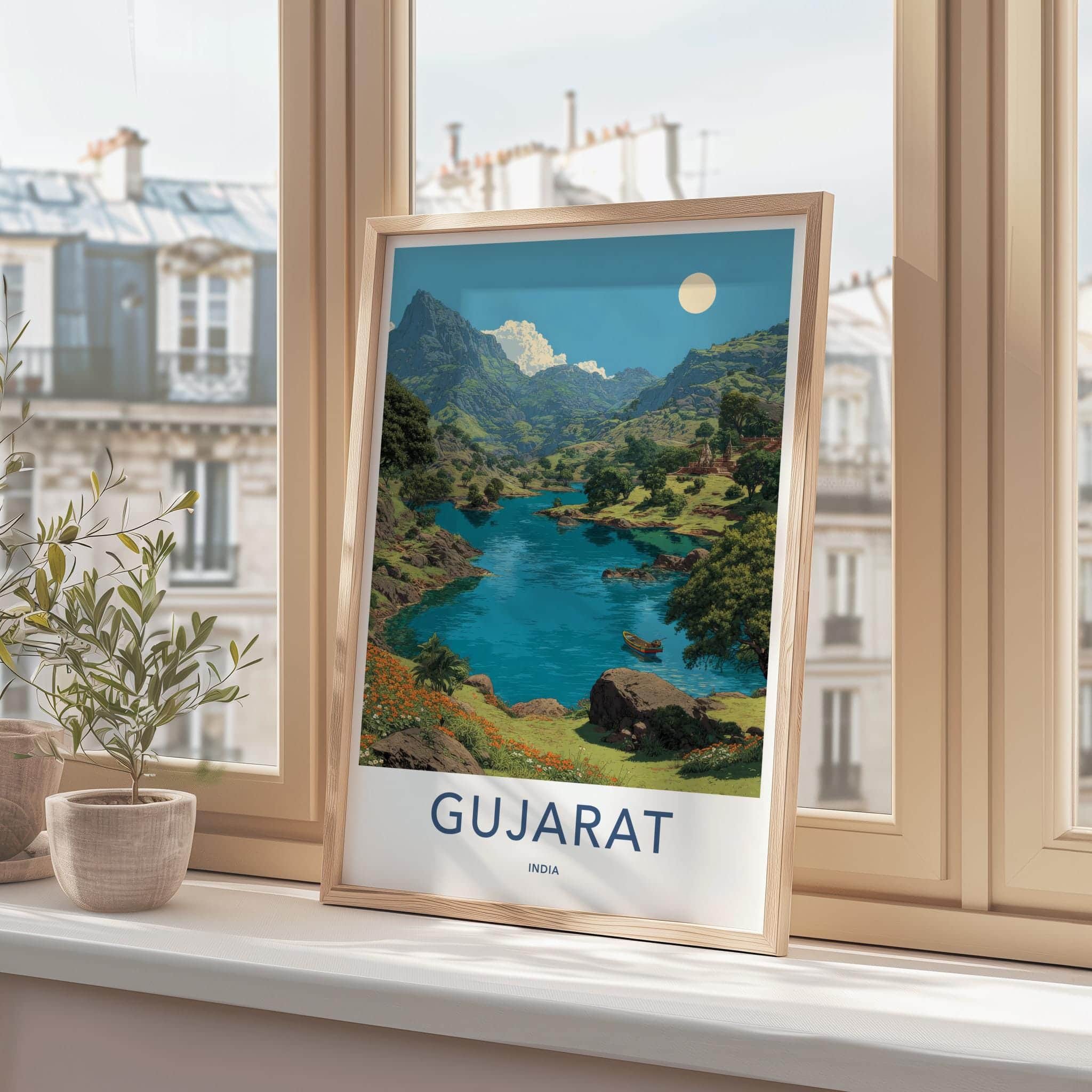 Gujarat Poster - India Travel Art - Gujarat Mountain Lake Boat Home Decor
