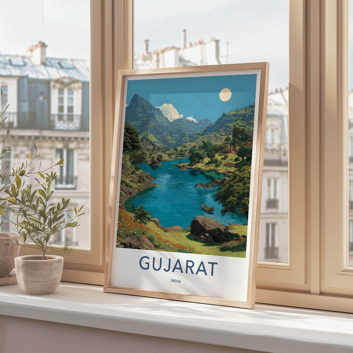Gujarat Poster - India Travel Art - Gujarat Mountain Lake Boat Home Decor