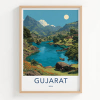 Gujarat Poster - India Travel Art - Gujarat Mountain Lake Boat Home Decor
