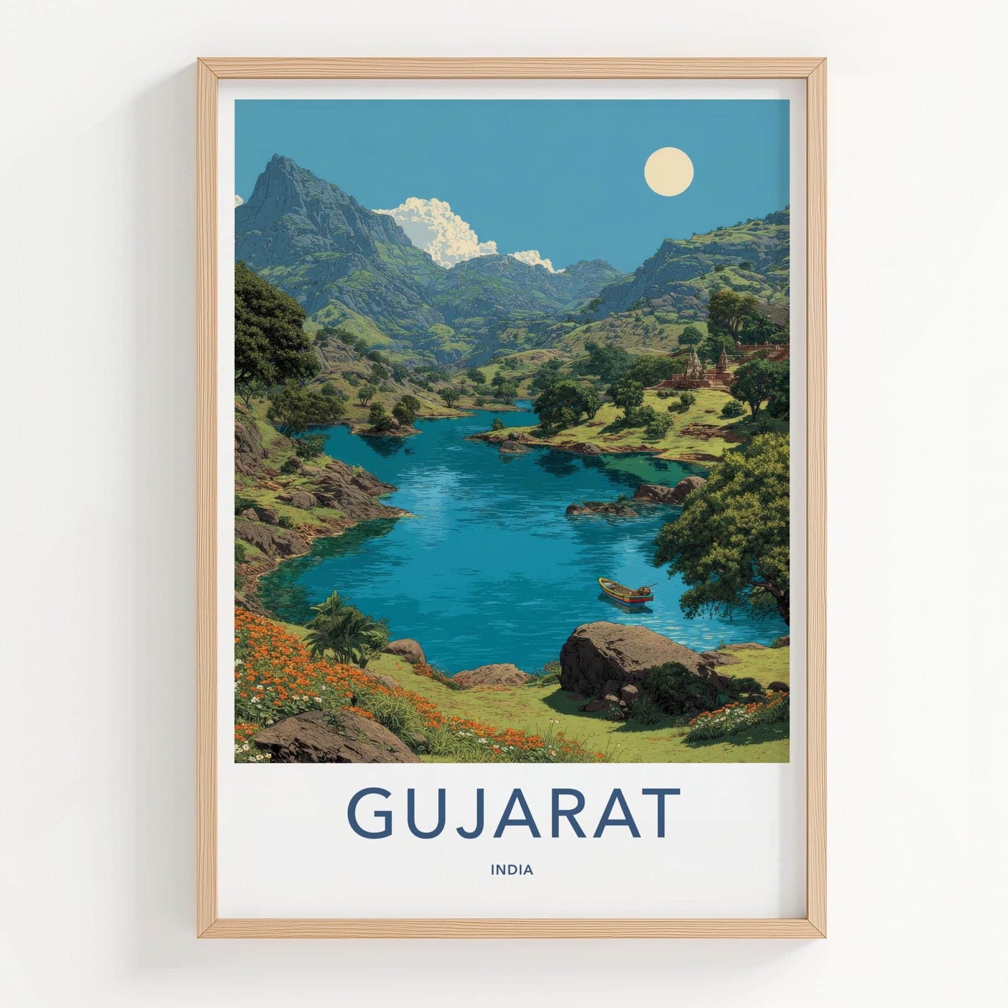 Gujarat Poster - India Travel Art - Gujarat Mountain Lake Boat Home Decor