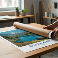 Gujarat Poster - India Travel Art - Gujarat Mountain Lake Boat Home Decor