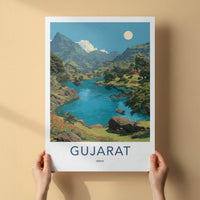 Gujarat Poster - India Travel Art - Gujarat Mountain Lake Boat Home Decor