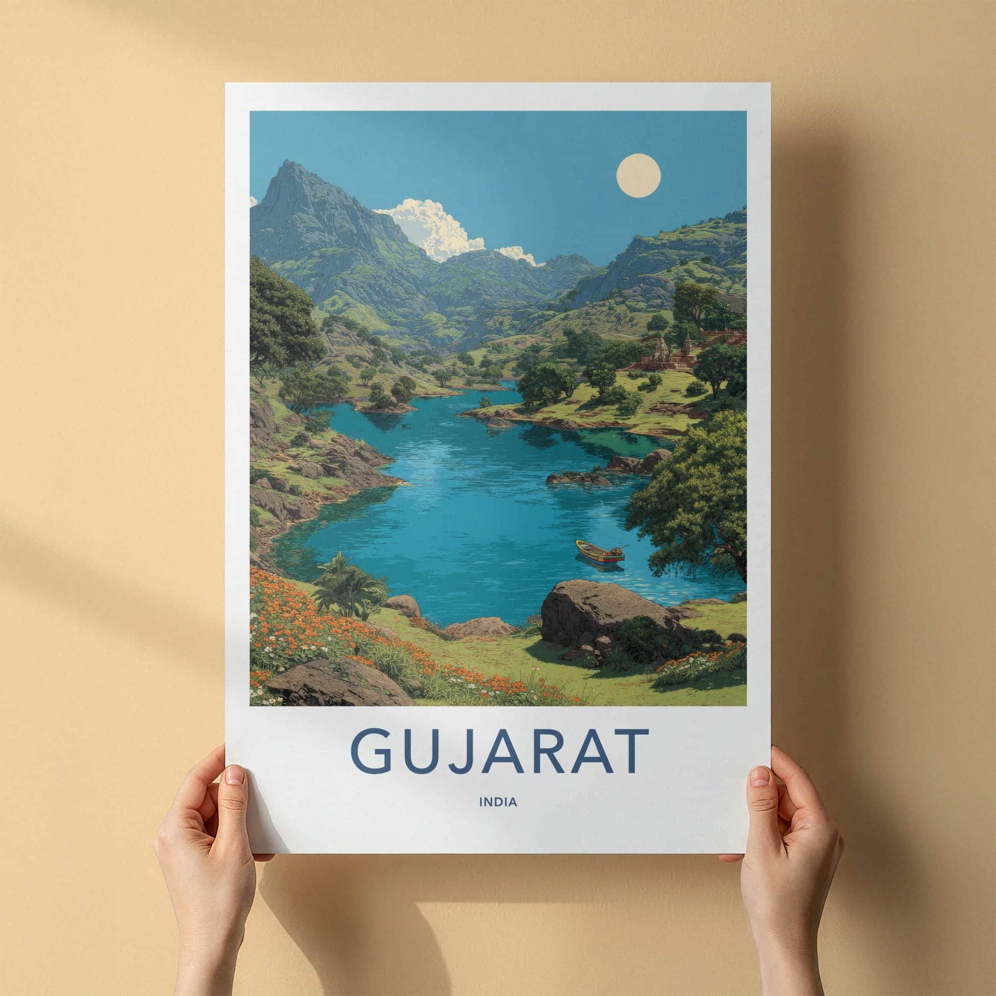 Gujarat Poster - India Travel Art - Gujarat Mountain Lake Boat Home Decor