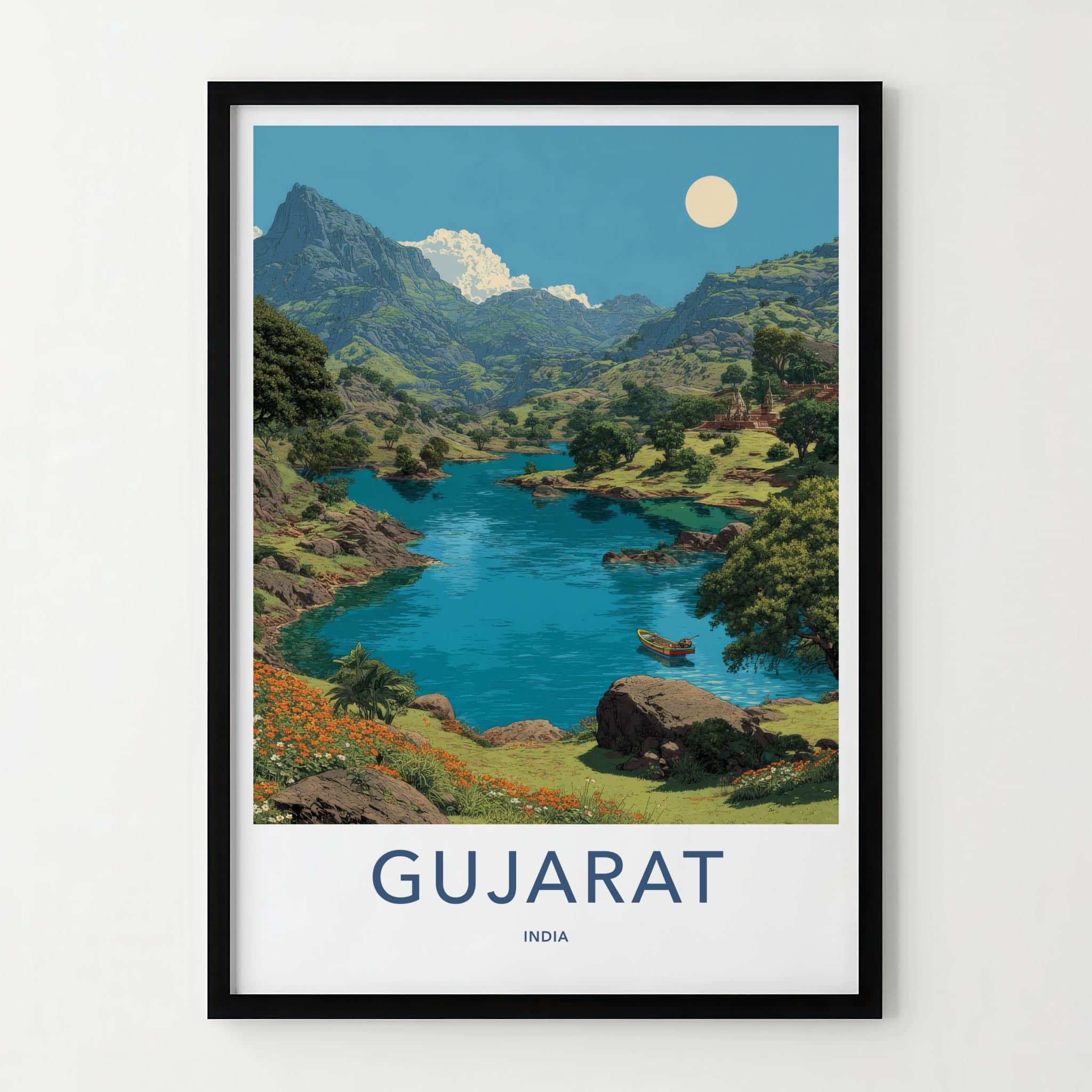 Gujarat Poster - India Travel Art - Gujarat Mountain Lake Boat Home Decor