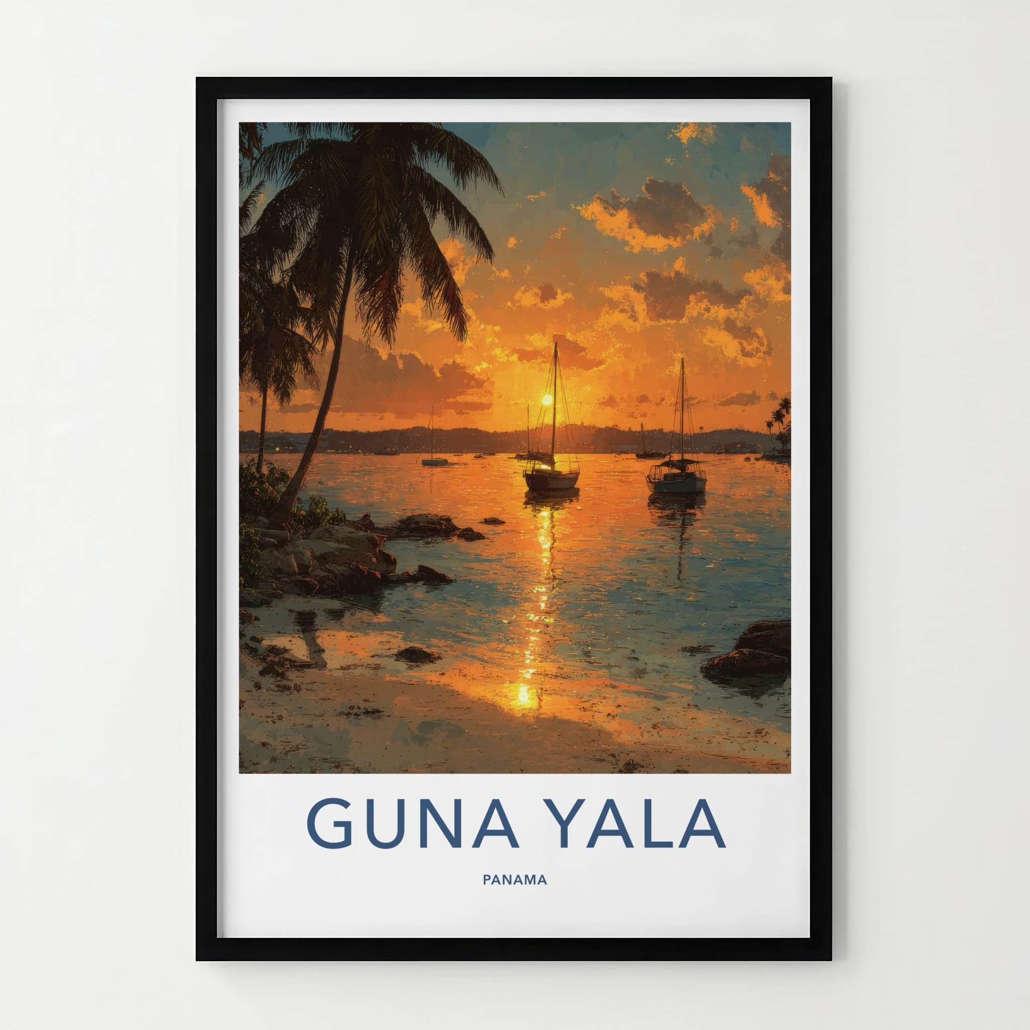 Guna Yala Poster - Panama Travel Art - Tropical Sunset Boats Home Decor