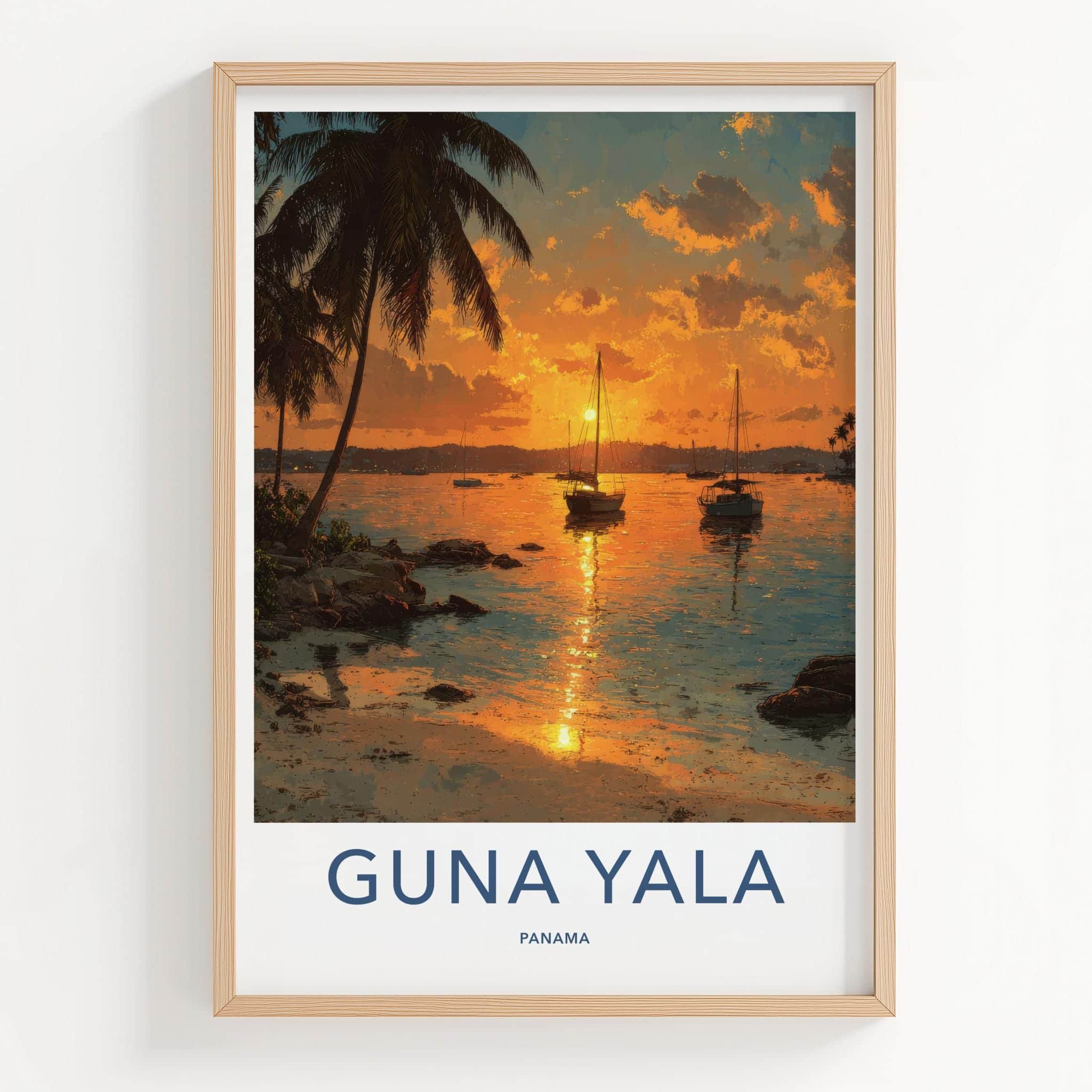 Guna Yala Poster - Panama Travel Art - Tropical Sunset Boats Home Decor