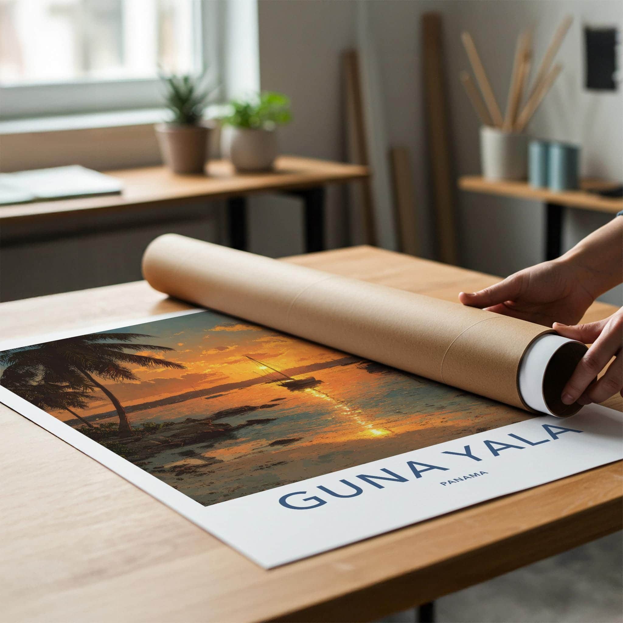 Guna Yala Poster - Panama Travel Art - Tropical Sunset Boats Home Decor
