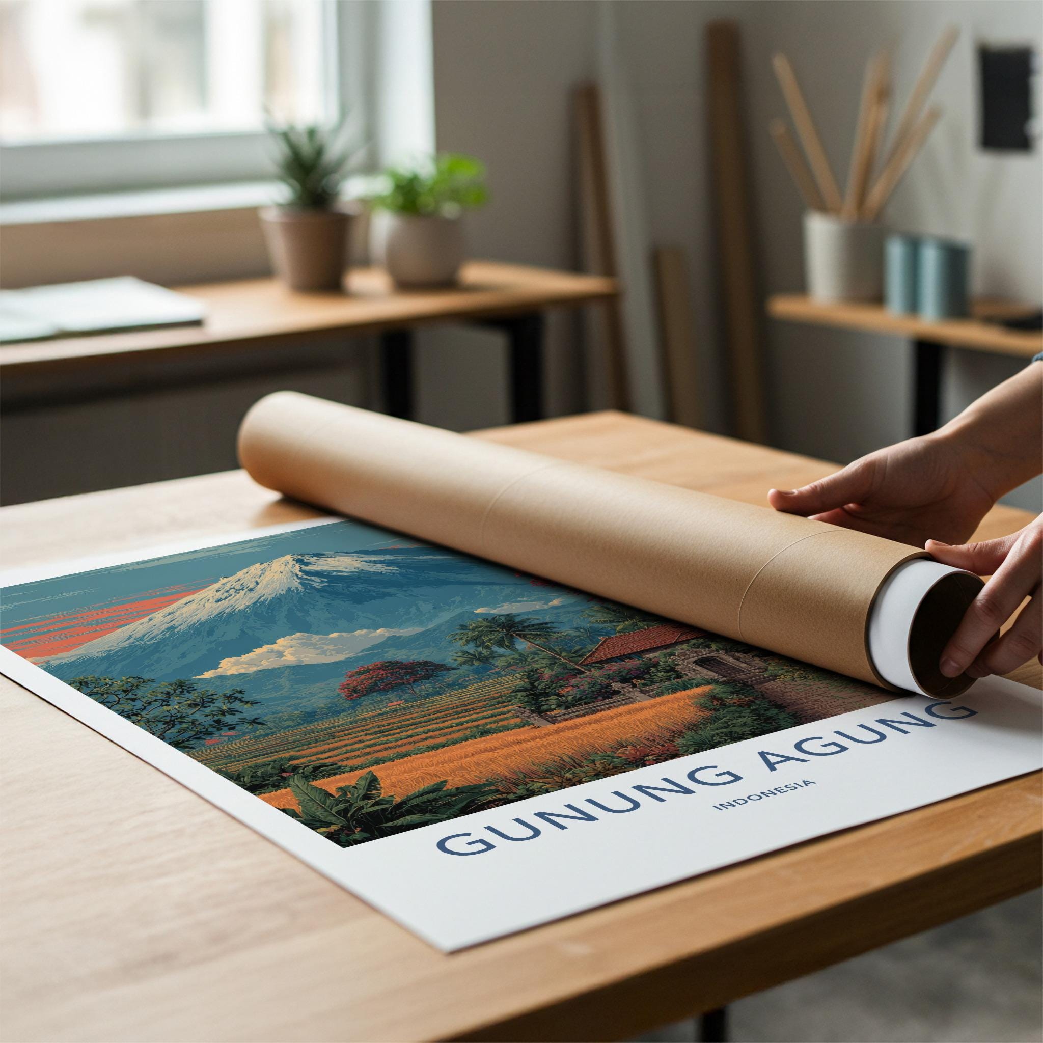 Gunung Agung Poster - Indonesia Travel Art - Lush Rice Fields Home Decor
