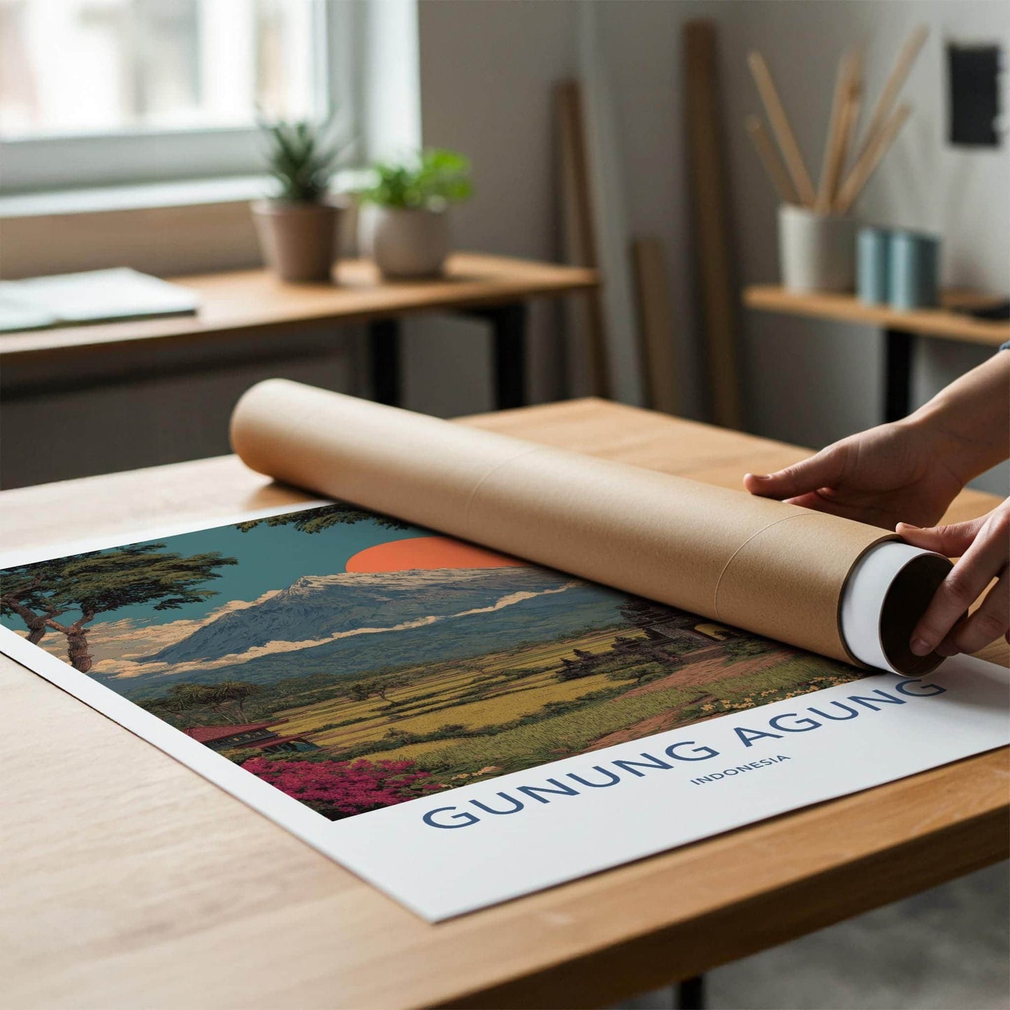 Gunung Agung Poster - Indonesia Travel Art - Volcano Rice Temple Home Decor