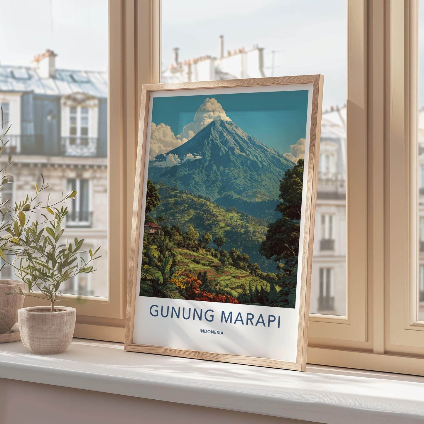 Gunung Marapi Poster - Indonesia Travel Art - Lush terraced mountain Wall Decor
