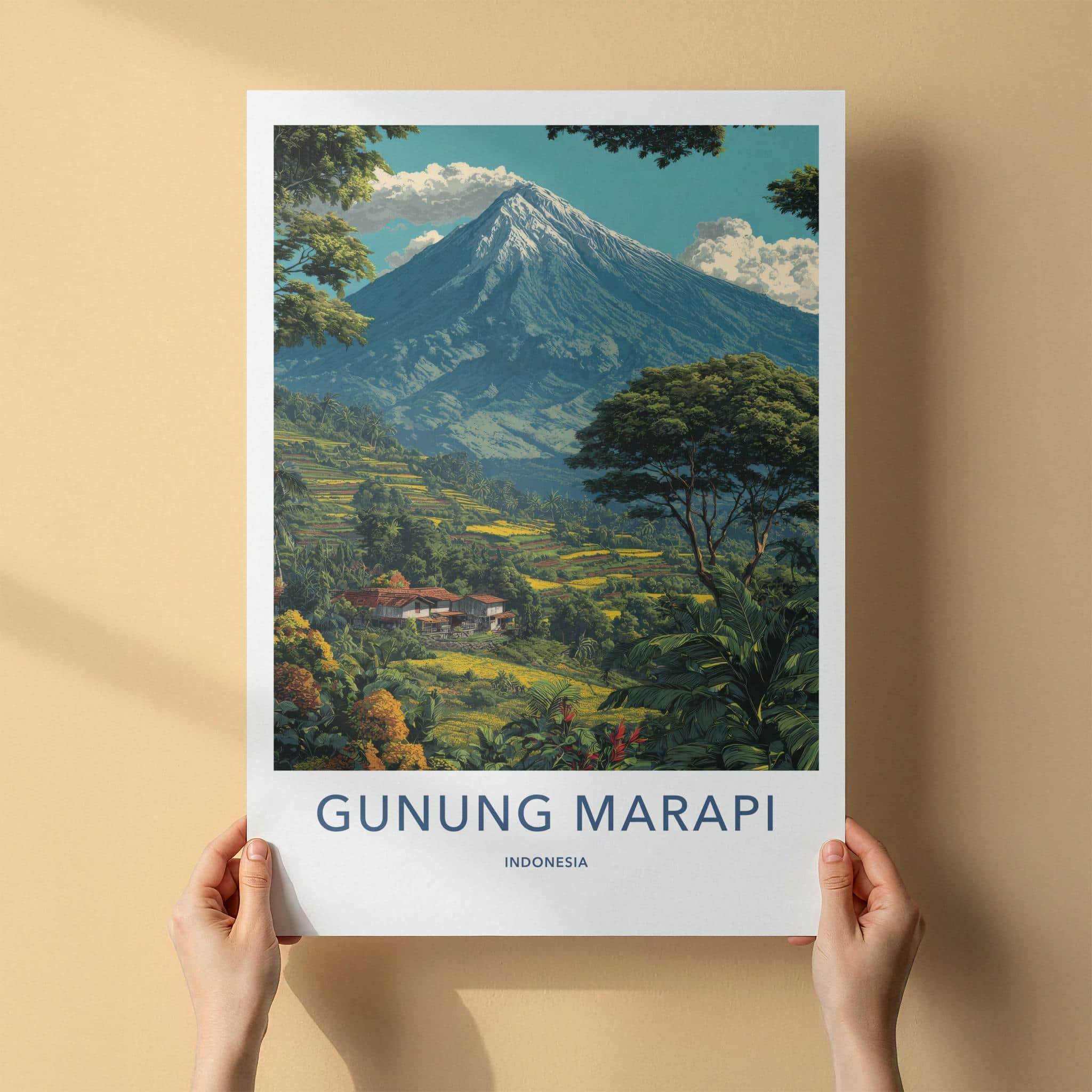 Gunung Marapi Poster - Indonesia Travel Art - Volcano Terraced Fields Wall Decor