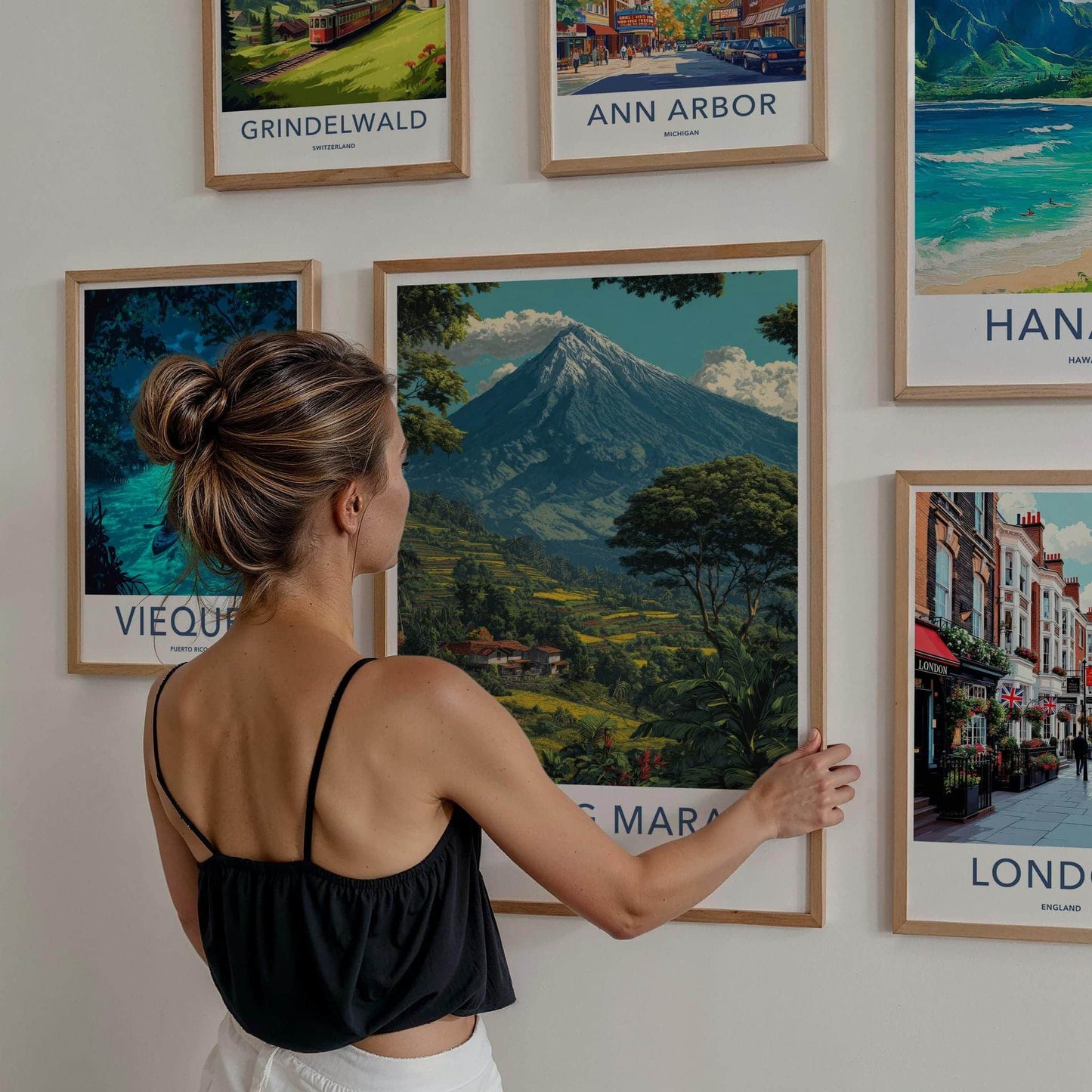 Gunung Marapi Poster - Indonesia Travel Art - Volcano Terraced Fields Wall Decor