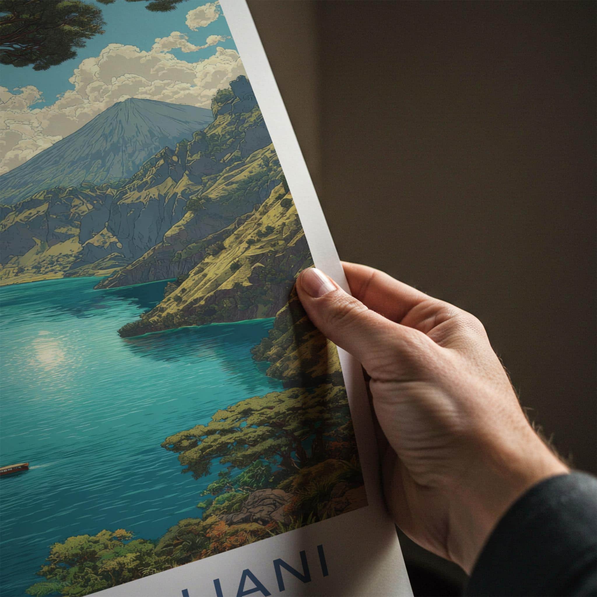Gunung Rinjani Poster - Indonesia Travel Art - Serene Crater Lake Home Decor