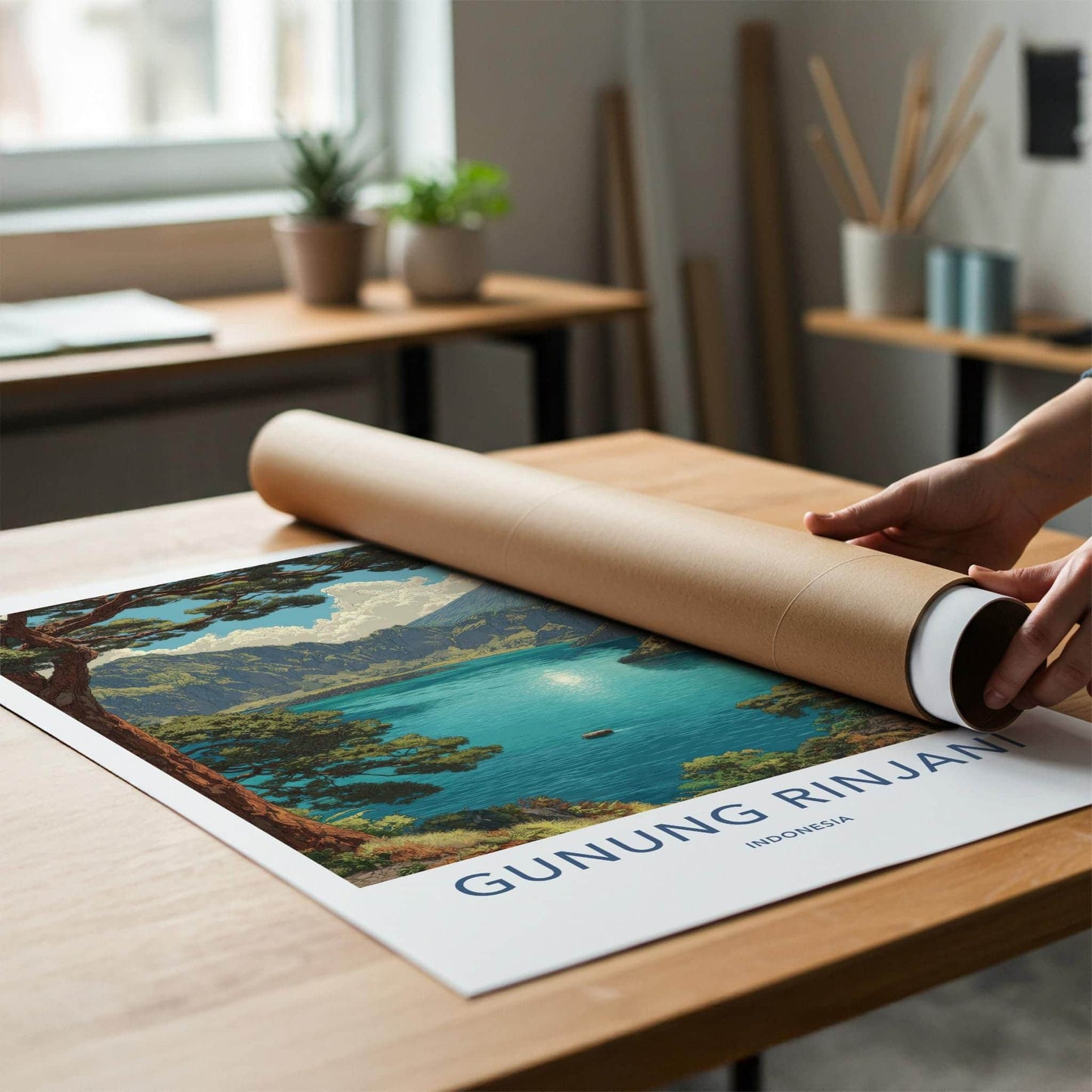 Gunung Rinjani Poster - Indonesia Travel Art - Serene Crater Lake Home Decor