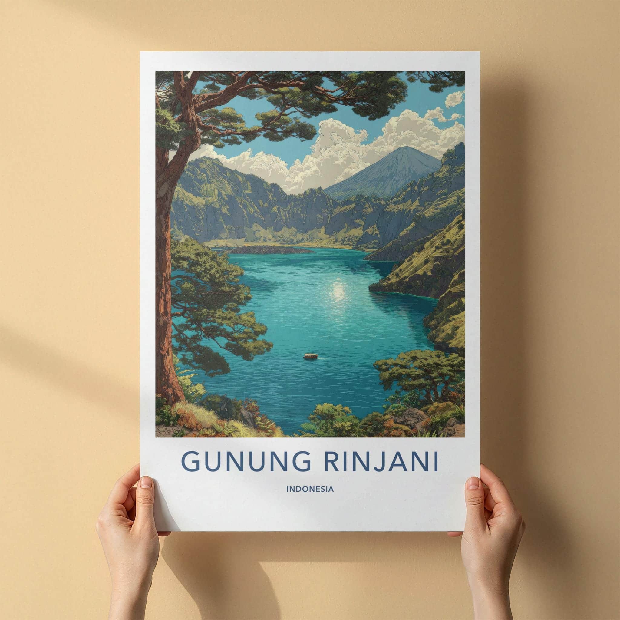 Gunung Rinjani Poster - Indonesia Travel Art - Serene Crater Lake Home Decor