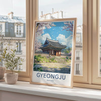Gyeongju Poster - South Korea Travel Art - Ancient Temple Blossoms Home Decor