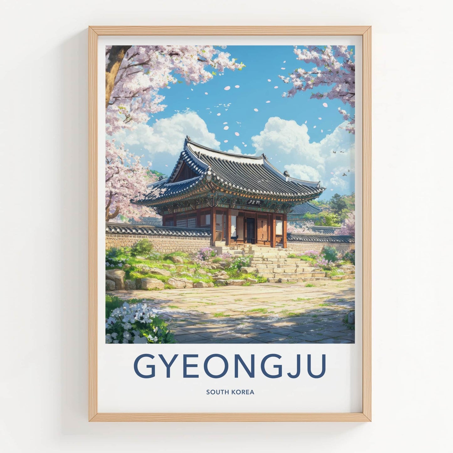 Gyeongju Poster - South Korea Travel Art - Ancient Temple Blossoms Home Decor