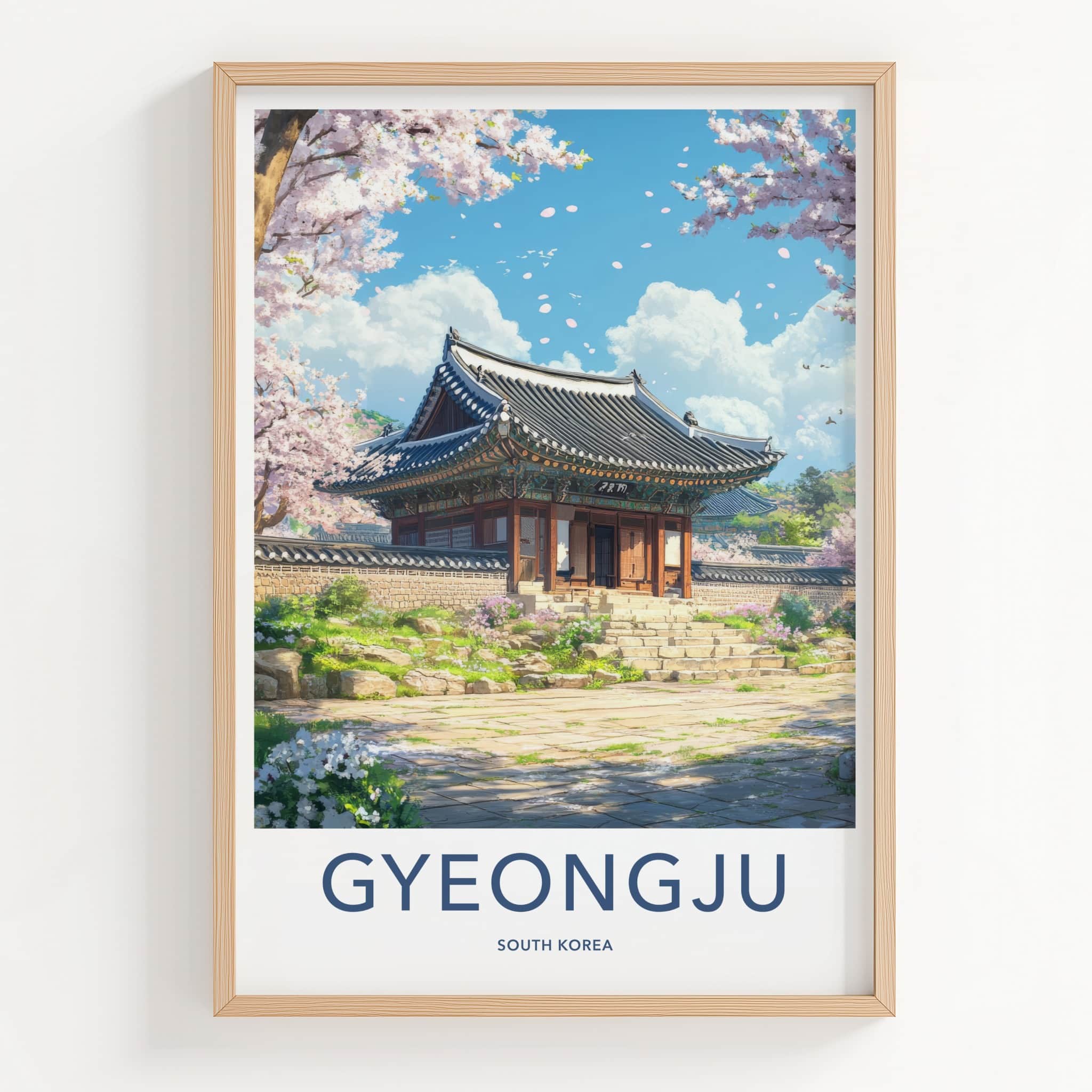 Gyeongju Poster - South Korea Travel Art - Ancient Temple Blossoms Home Decor