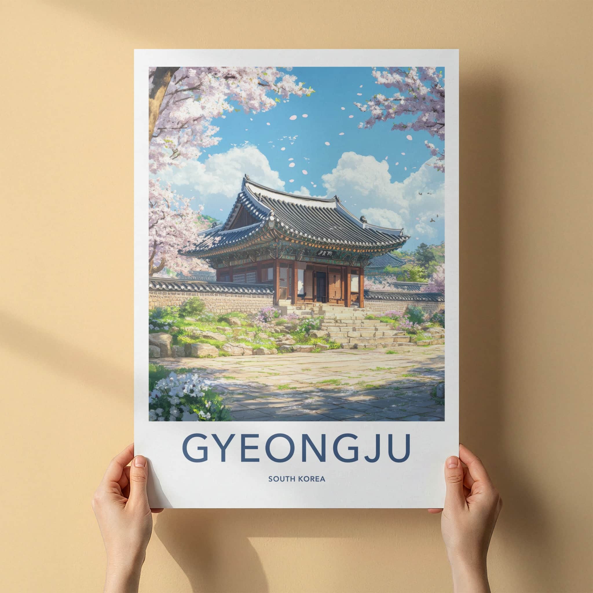 Gyeongju Poster - South Korea Travel Art - Ancient Temple Blossoms Home Decor