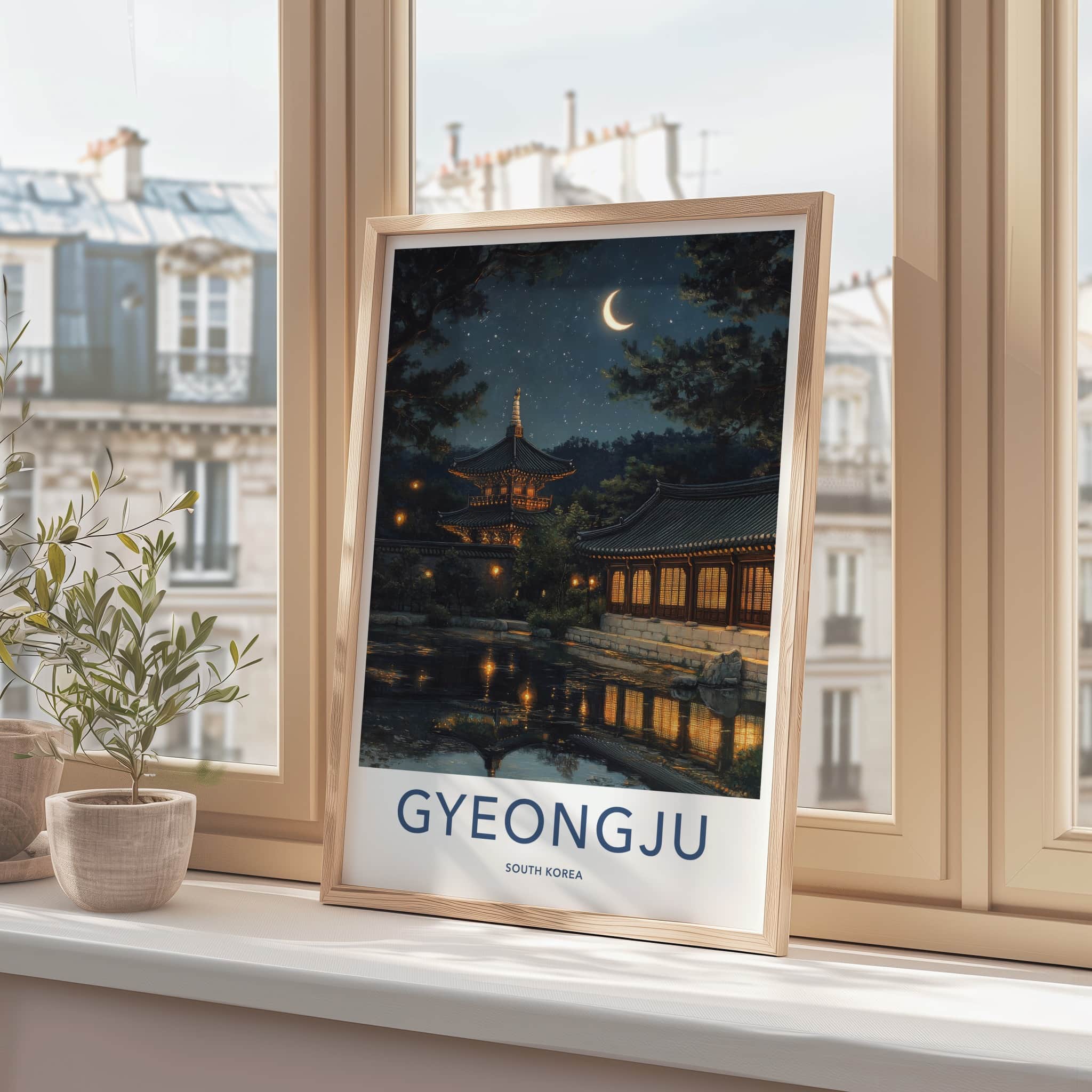 Gyeongju Poster - South Korea Travel Art - Moonlit Temple Pond Wall Decor