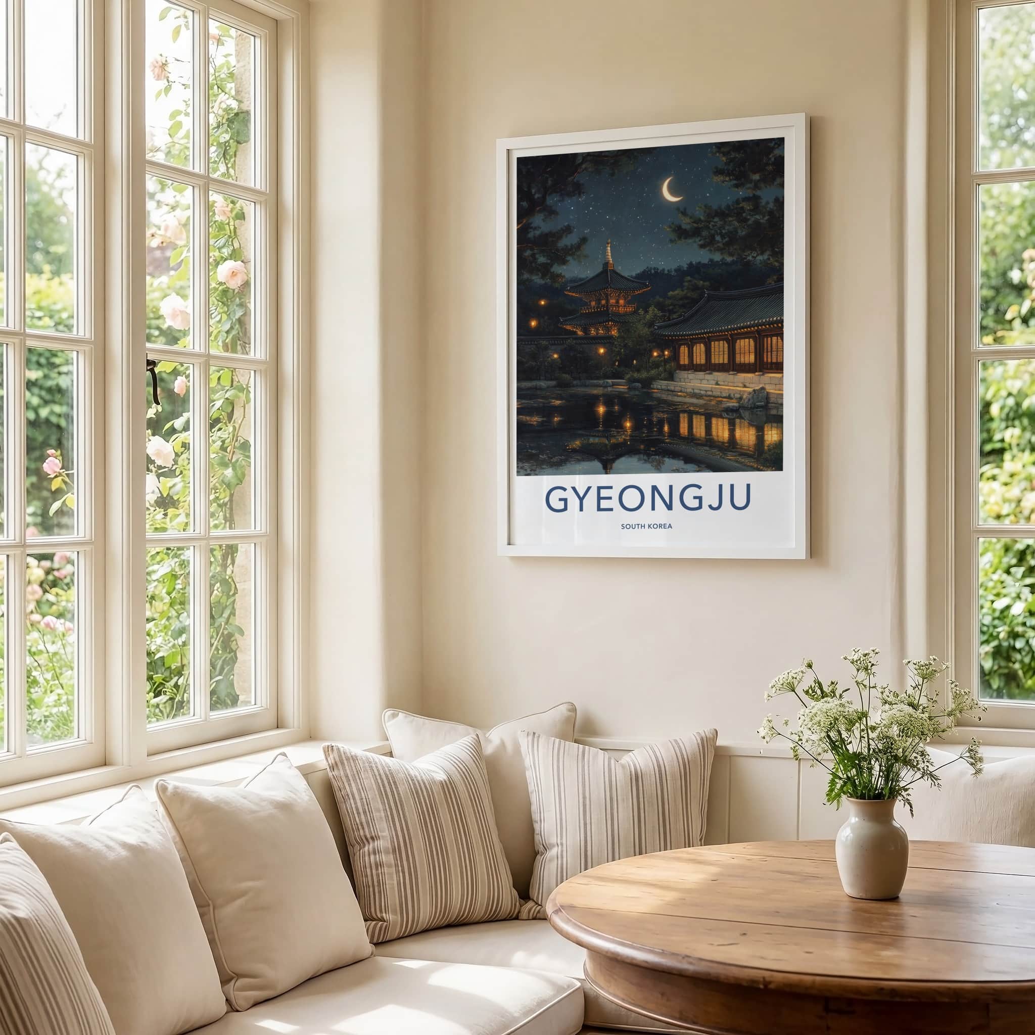 Gyeongju Poster - South Korea Travel Art - Moonlit Temple Pond Wall Decor