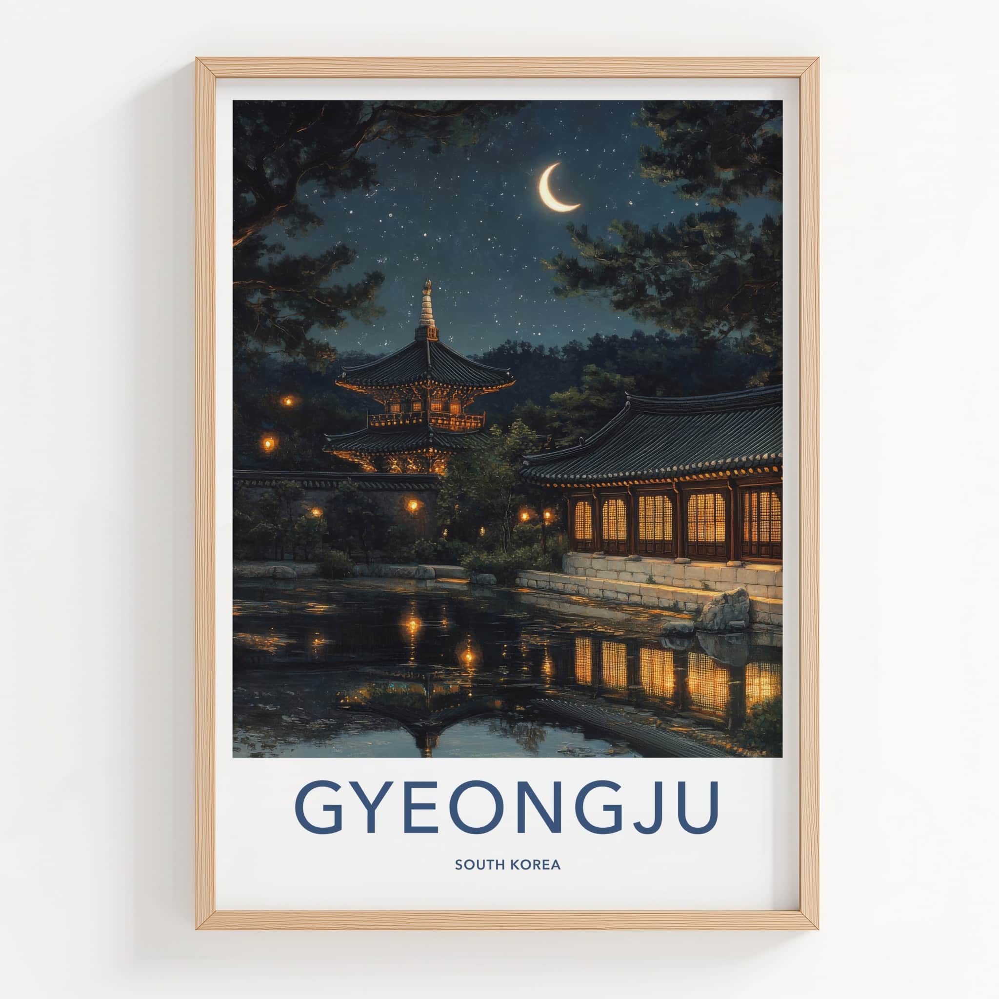 Gyeongju Poster - South Korea Travel Art - Moonlit Temple Pond Wall Decor