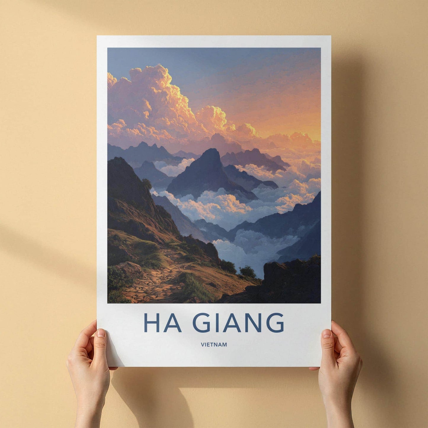 Ha Giang Poster - Vietnam Travel Art - Golden Cloud Peaks Wall Decor