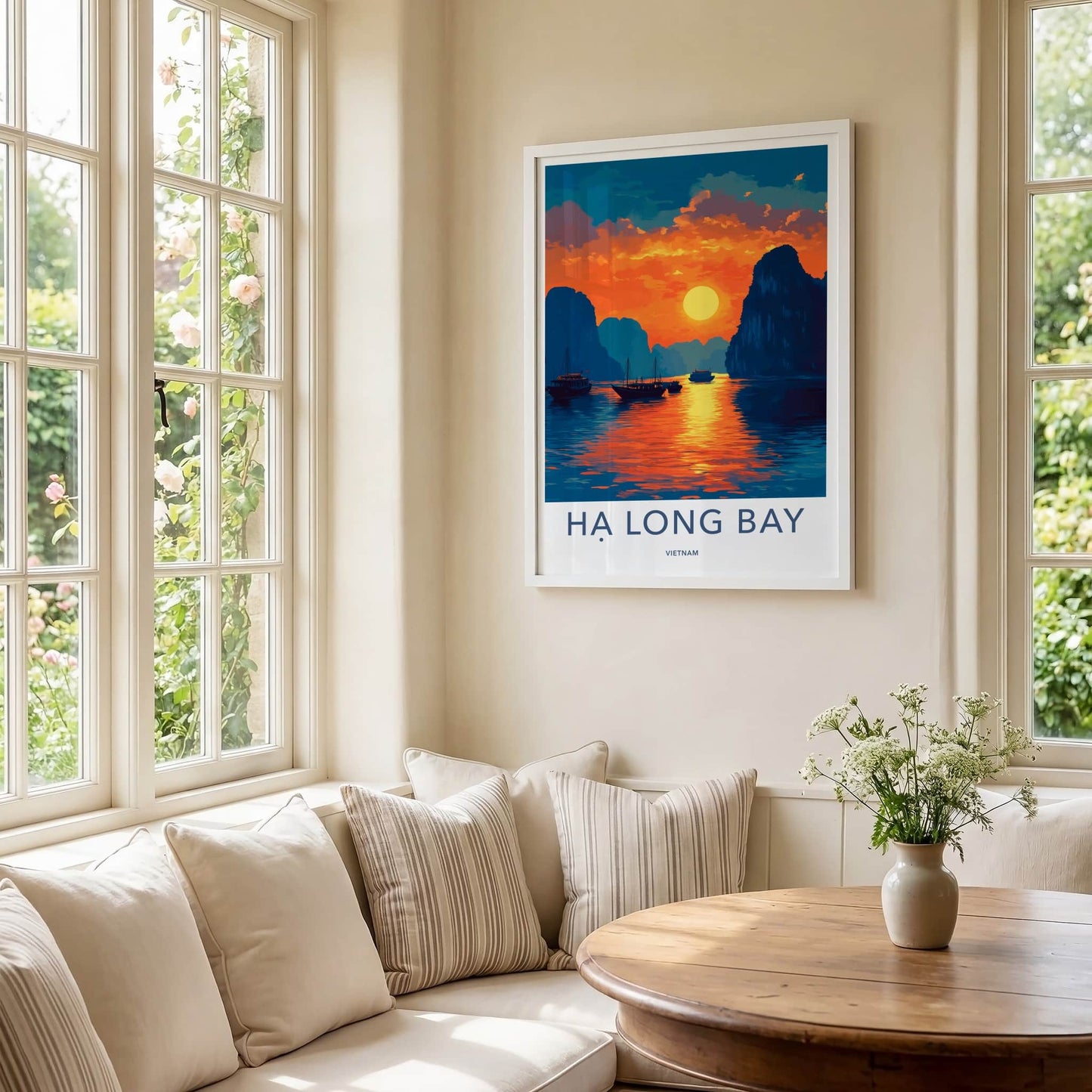 Ha Long Bay Poster - Vietnam Travel Art - Golden Sunset Bay Home Decor