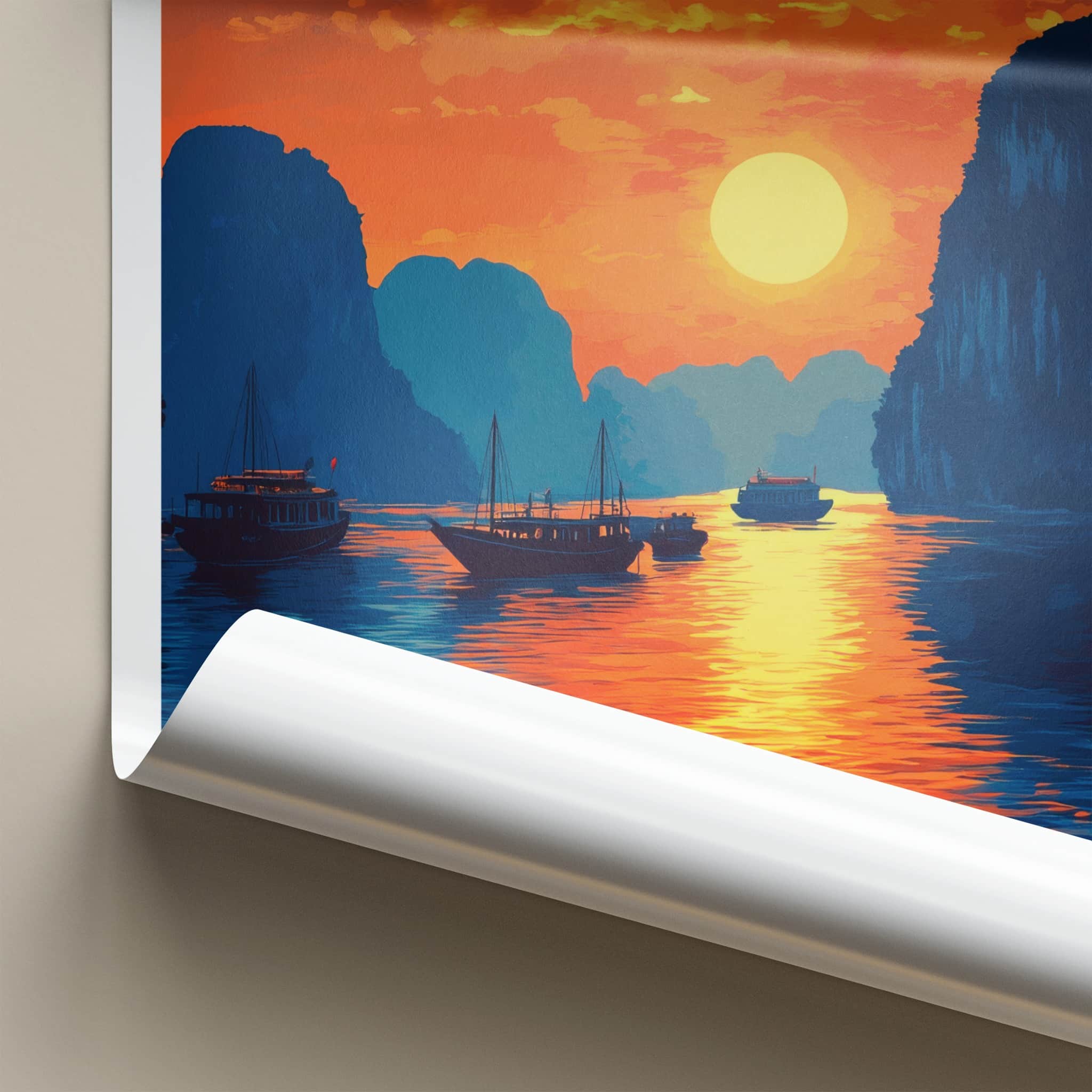 Ha Long Bay Poster - Vietnam Travel Art - Golden Sunset Bay Home Decor