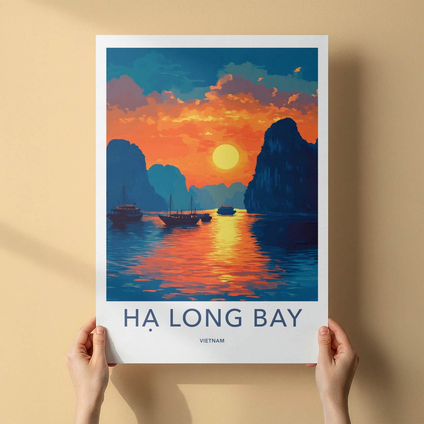 Ha Long Bay Poster - Vietnam Travel Art - Golden Sunset Bay Home Decor