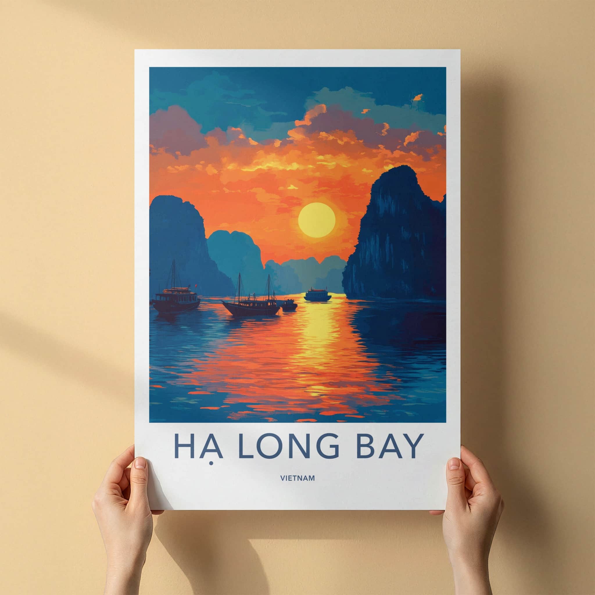Ha Long Bay Poster - Vietnam Travel Art - Golden Sunset Bay Home Decor
