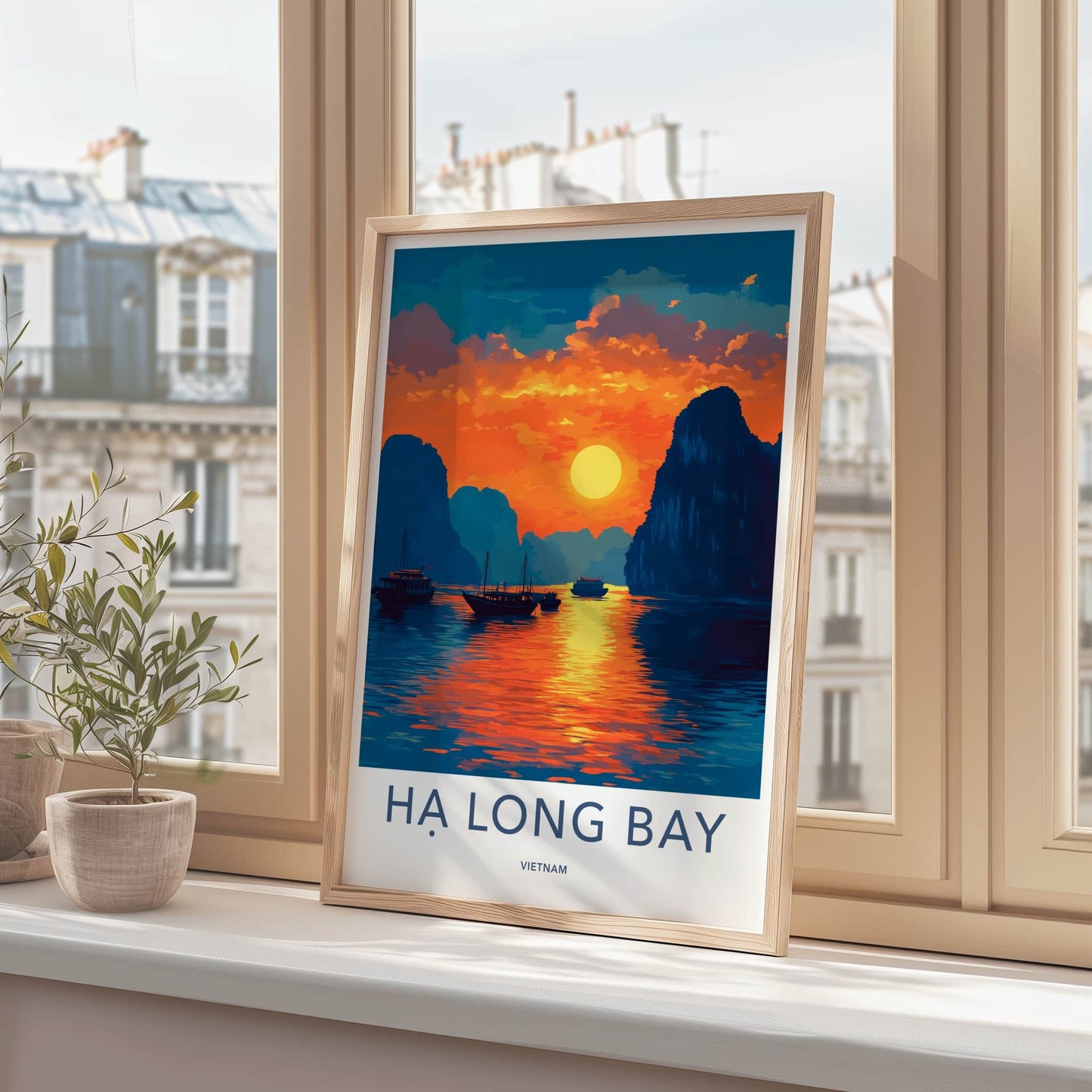 Ha Long Bay Poster - Vietnam Travel Art - Golden Sunset Bay Home Decor