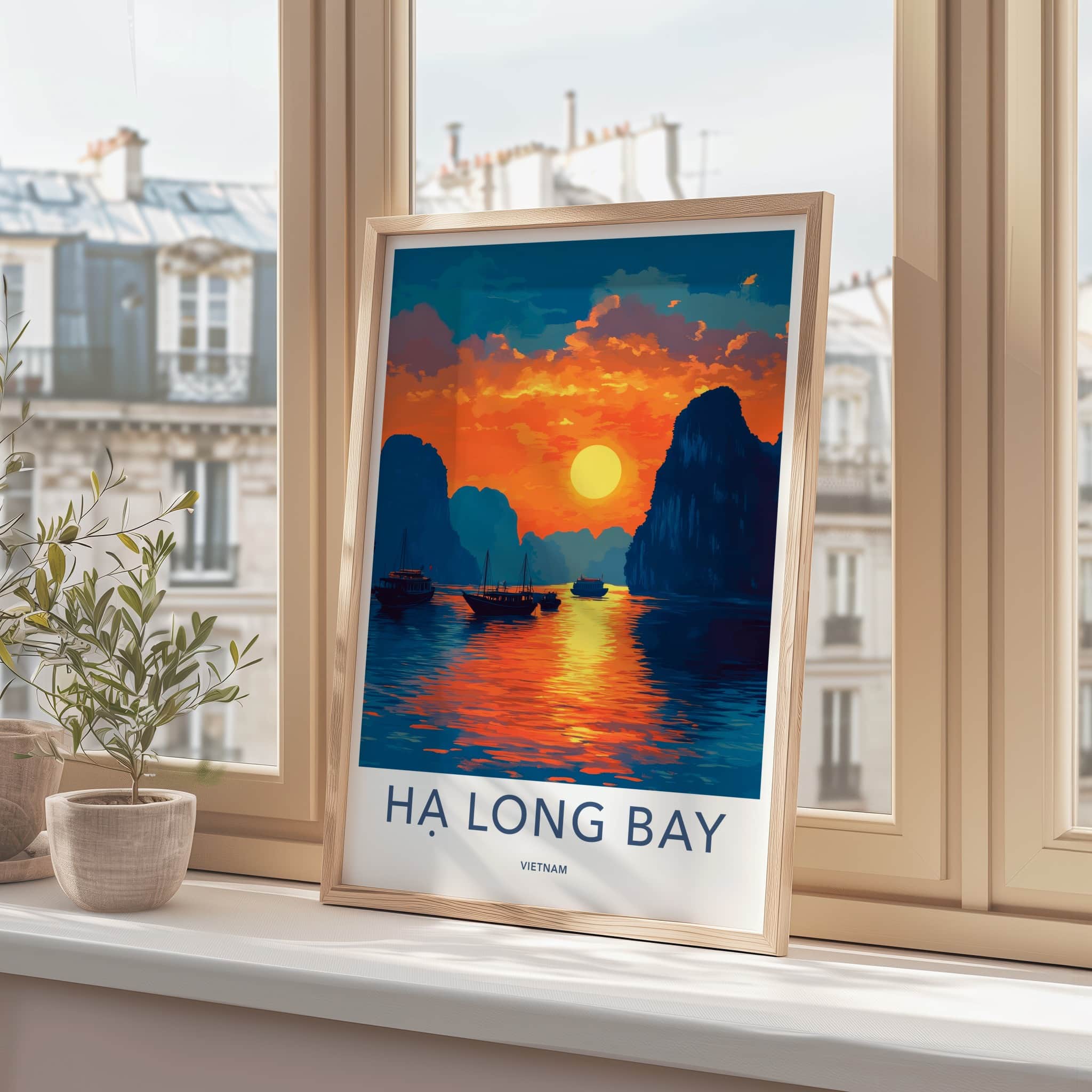 Ha Long Bay Poster - Vietnam Travel Art - Golden Sunset Bay Home Decor