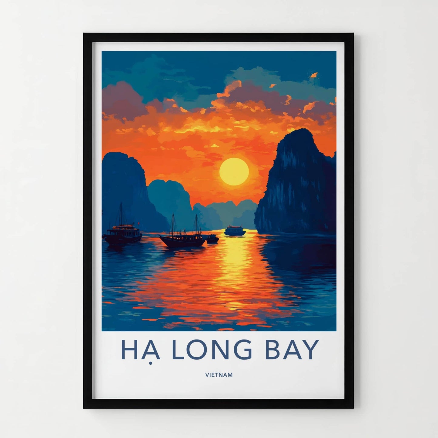 Ha Long Bay Poster - Vietnam Travel Art - Golden Sunset Bay Home Decor