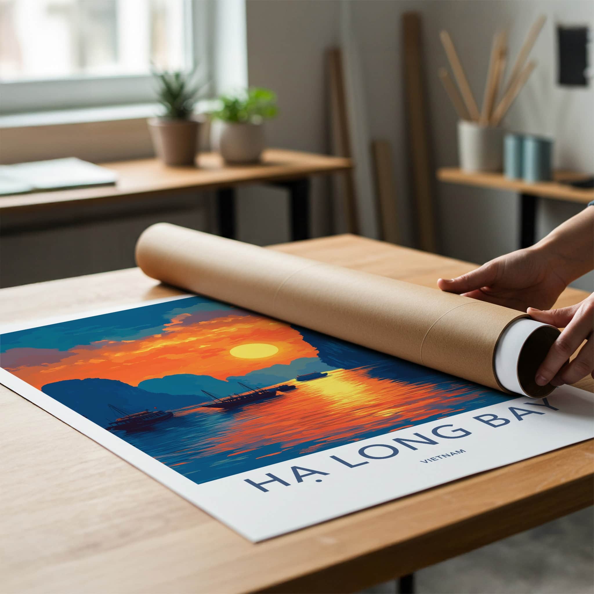 Ha Long Bay Poster - Vietnam Travel Art - Golden Sunset Bay Home Decor