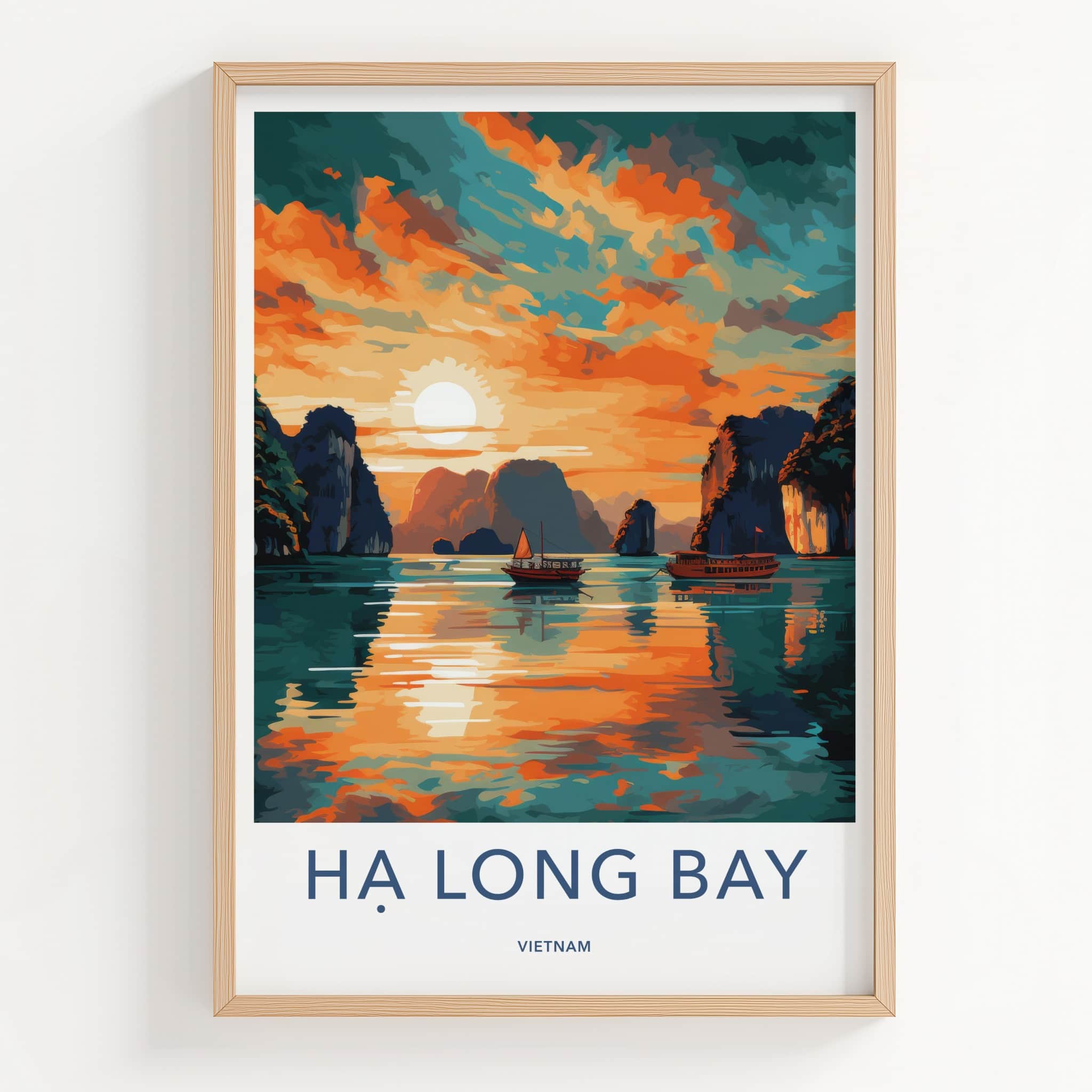 Ha Long Bay Poster - Vietnam Travel Art - Golden Water Boats Home Decor
