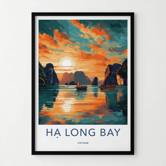 Ha Long Bay Poster - Vietnam Travel Art - Golden Water Boats Home Decor