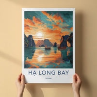 Ha Long Bay Poster - Vietnam Travel Art - Golden Water Boats Home Decor