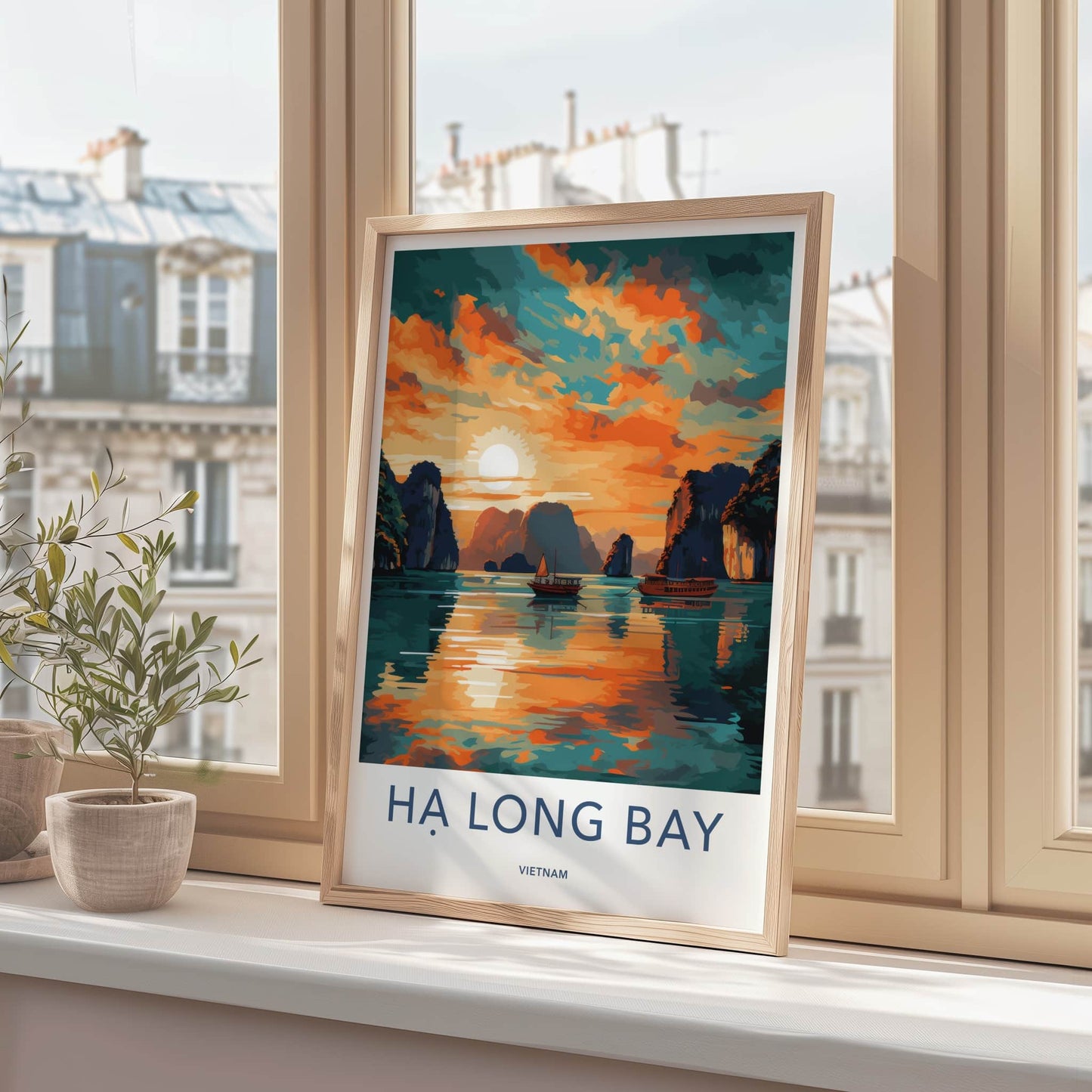 Ha Long Bay Poster - Vietnam Travel Art - Golden Water Boats Home Decor