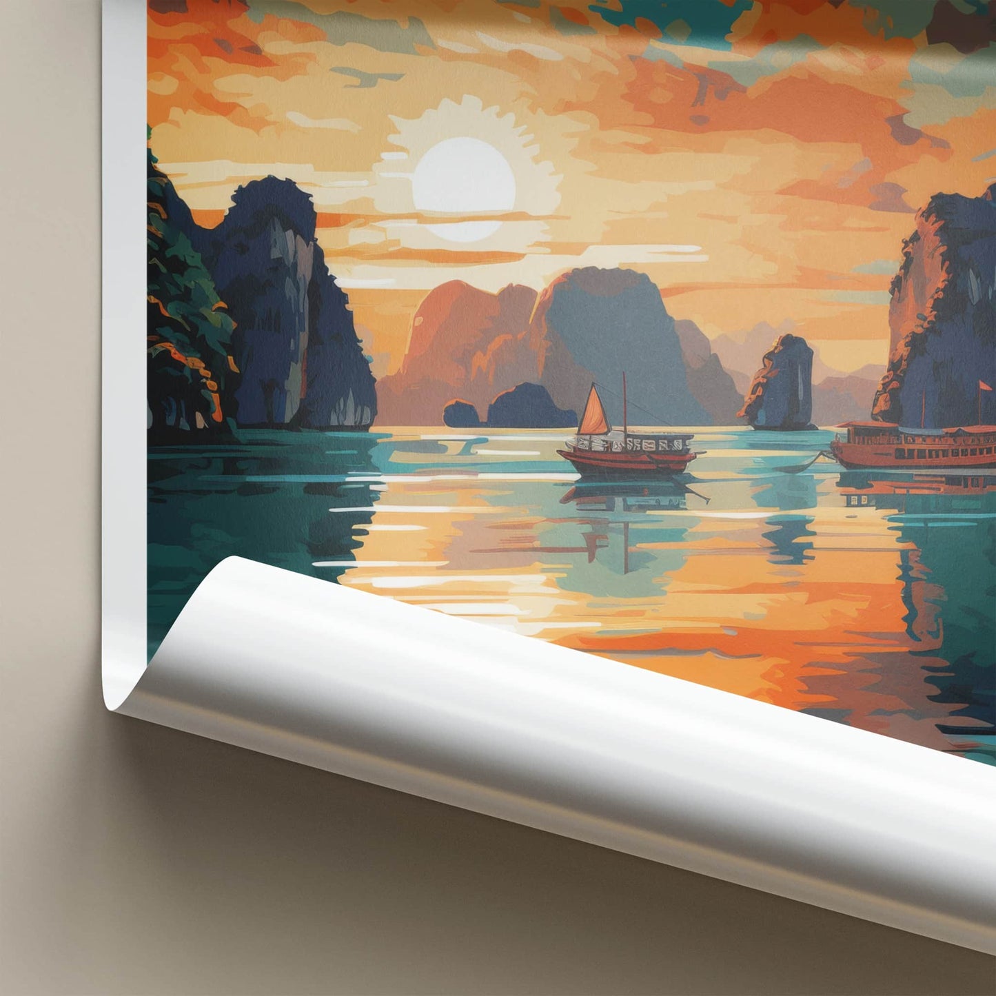 Ha Long Bay Poster - Vietnam Travel Art - Golden Water Boats Home Decor
